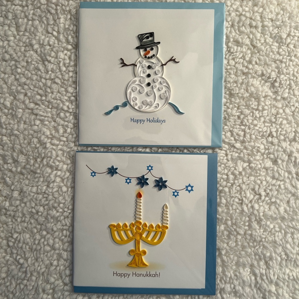 BI Handmade Hanukah+Holiday Quilling Blank Greeting Card Bundle of Two